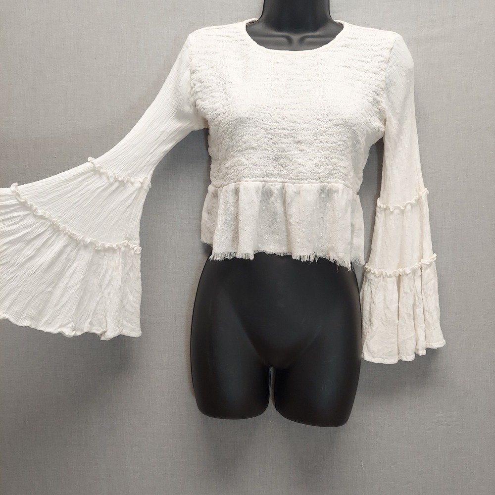 American Eagle Smocked Babydoll Crop Top S White Bell Sleeve Peplum Boho Cottage
